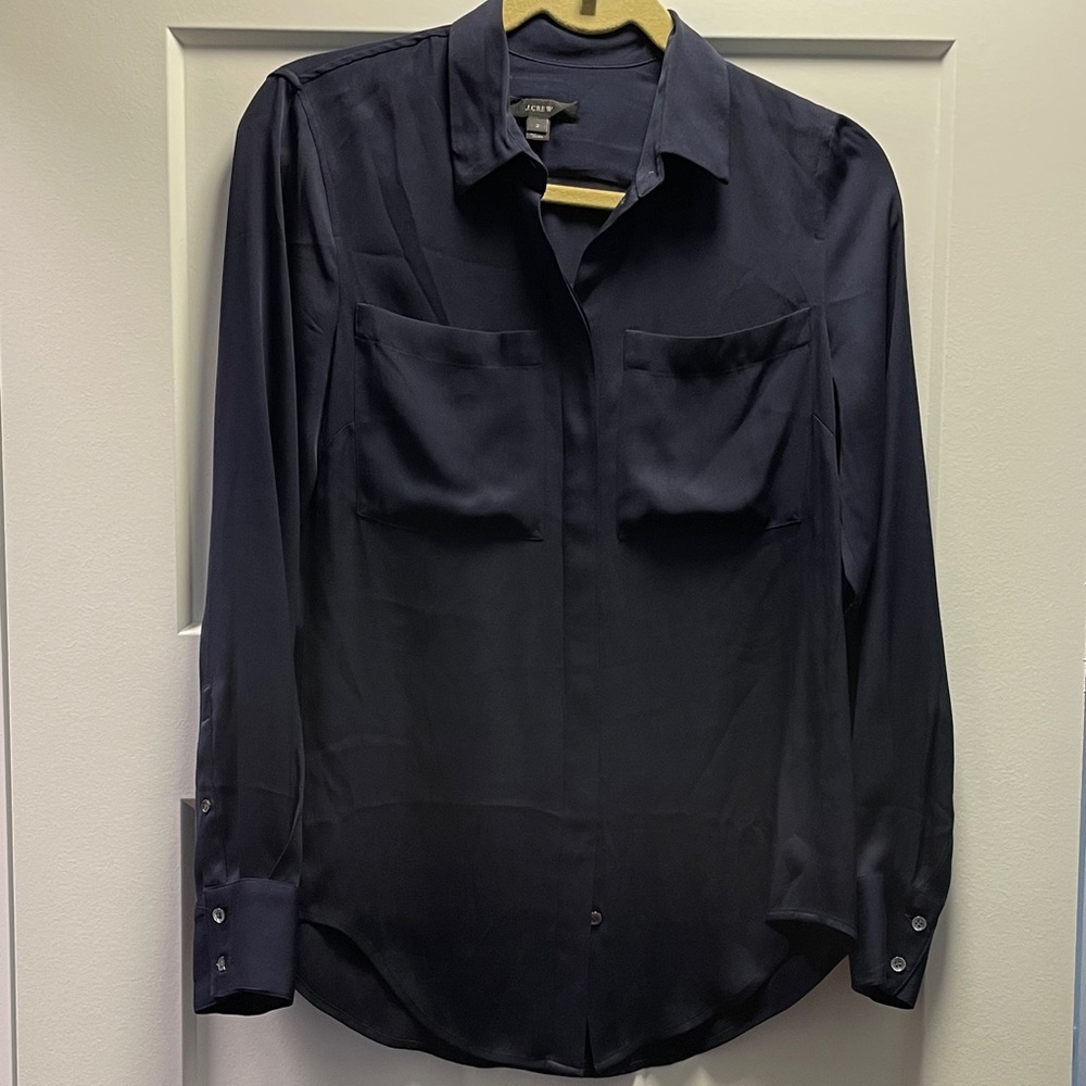 J. Crew Dark Blue Silk Blouse Size 2